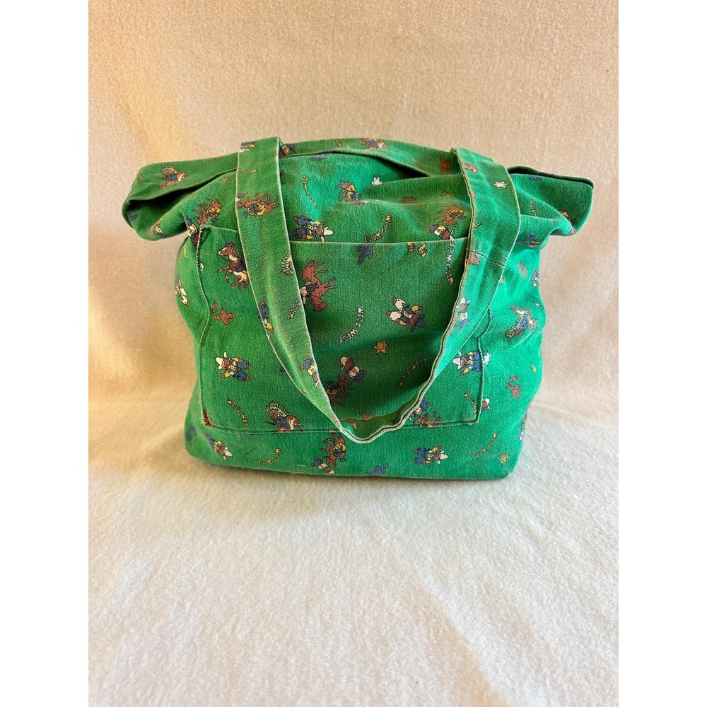 Vintage 90s Cowboy Teddy Bear Canvas Tote Bag Green Wild West Novelty Book Bag